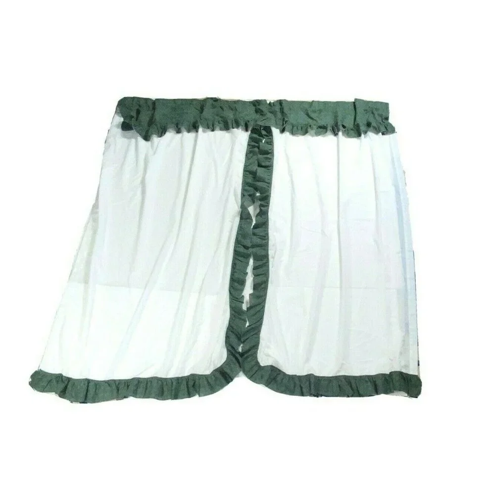 2 Vintage 60s 70s Complete Window Treatments Green White Curtains Handmade Rare